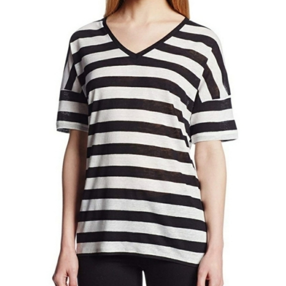 NYDJ Linen Blend stripe V-neck t-shirt black white L